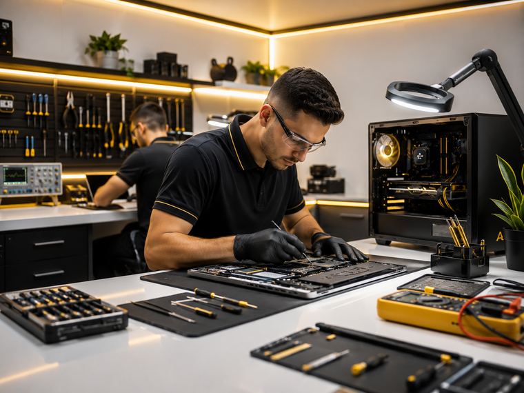 Técnico realizando manutenção em notebook